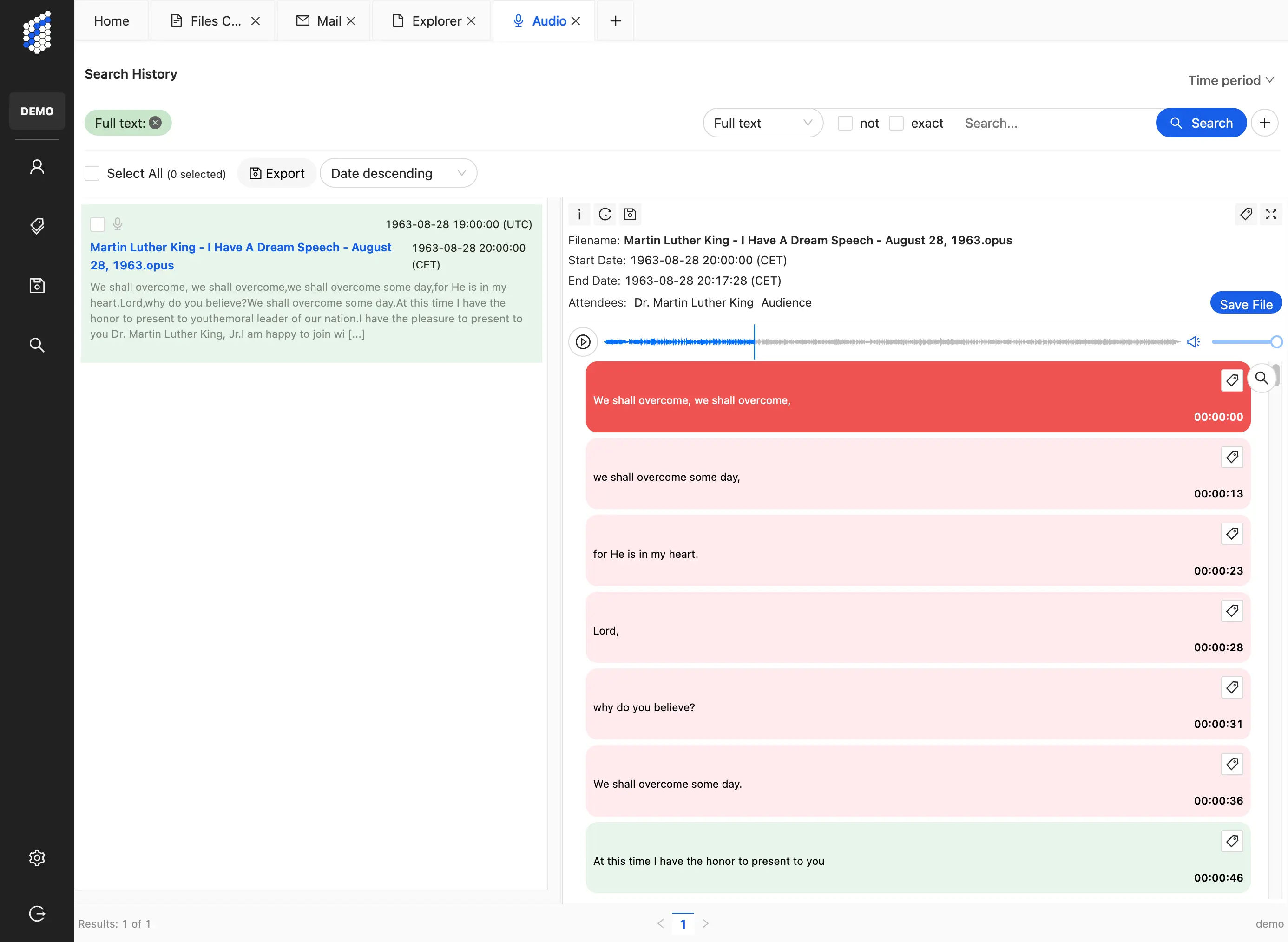 Shows an example of automatic audio transcription