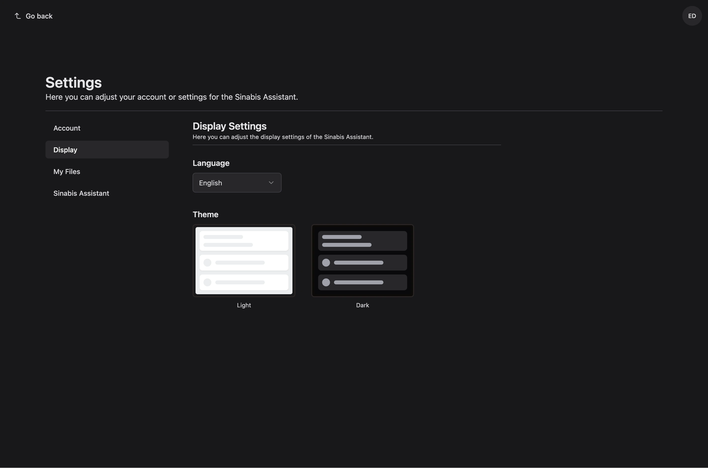 settings in dark theme